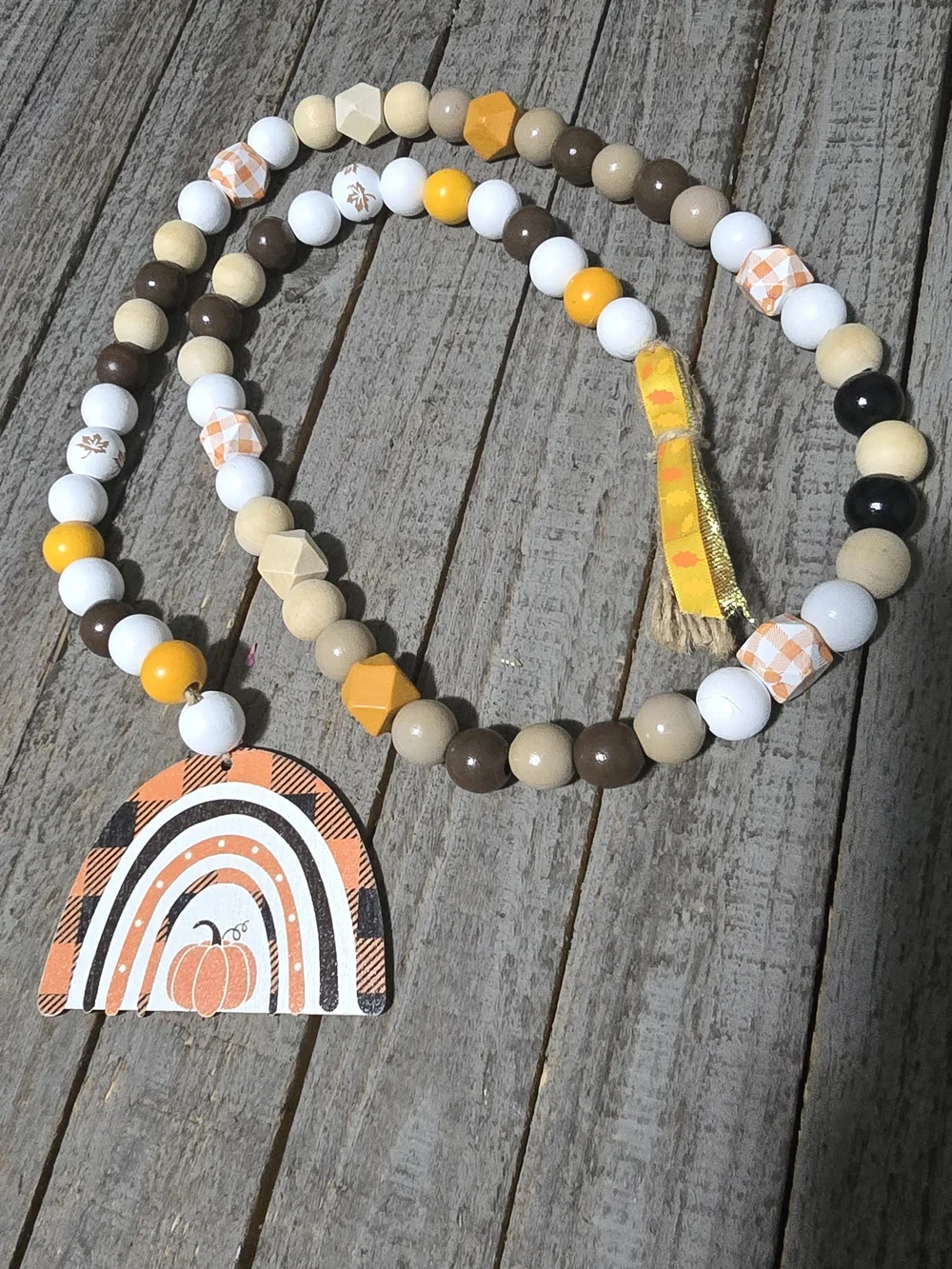 Wood Beaded Garland with Pumpkin Rainbow Pendant - Brown, White, Yellow